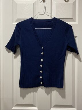 Navy Ribbed V-Neck Button Cardigan short sleeves